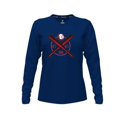 [CUS-DFW-TEES-PER-VNK-LSL-NVY-FYXS-LOGO1] Decker Performance T-Shirt (Female Youth XS, Navy, V Neck, Logo 1, Long Sleeve)