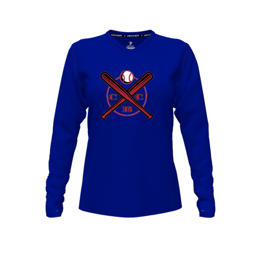 [CUS-DFW-TEES-PER-VNK-LSL-RYL-FYXS-LOGO1] Decker Performance T-Shirt (Female Youth XS, Royal, V Neck, Logo 1, Long Sleeve)